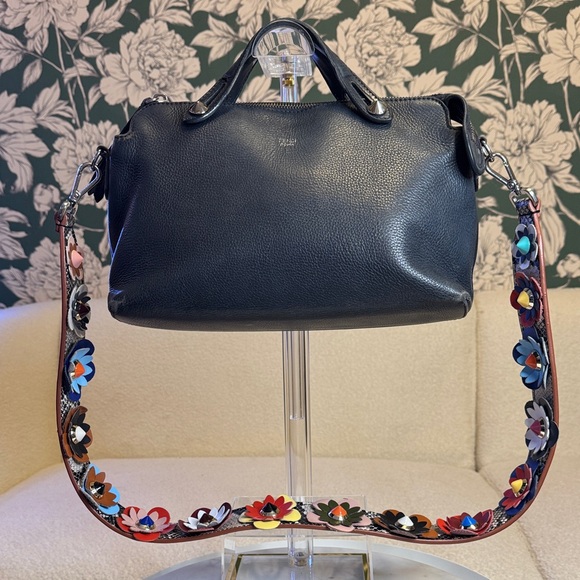 Fendi Authentic Black Leather Bag with Added Fendi Colorful Floral Strap